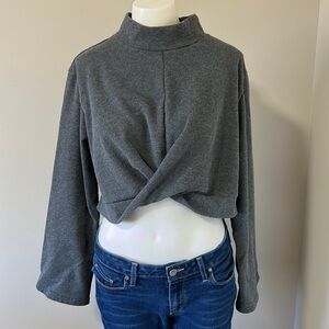 NAP Mock Neck Crop Pullover Top Cross Hem Dark Grey Shirt Crop Sz S